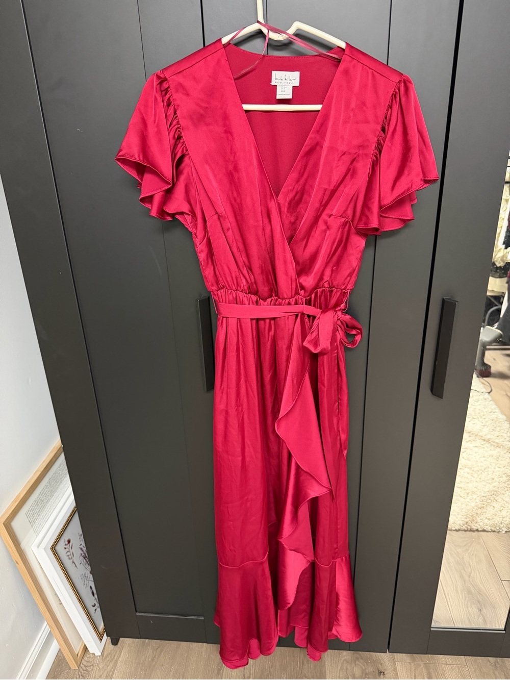 Berry Satin Wrap Maxi Dress with Ruffle Details